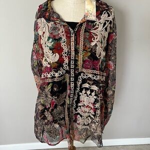Johnny Was Multicolor Sheer Embroidered Blouse